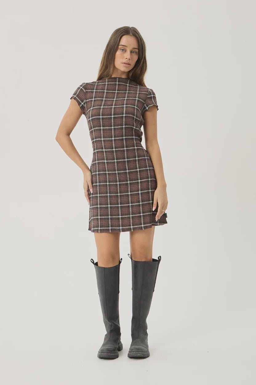 Elodie - Seersucker Mini Dress - Coffee Check - Margaret River Hemp Co