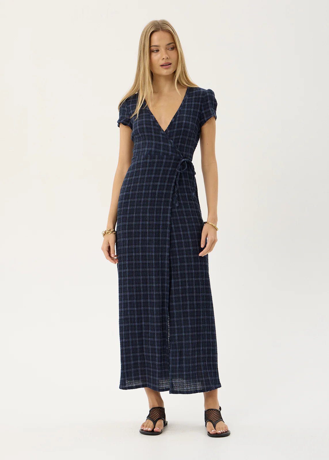 Felicity-Seersucker Maxi Dress-Midnight Check - Margaret River Hemp Co