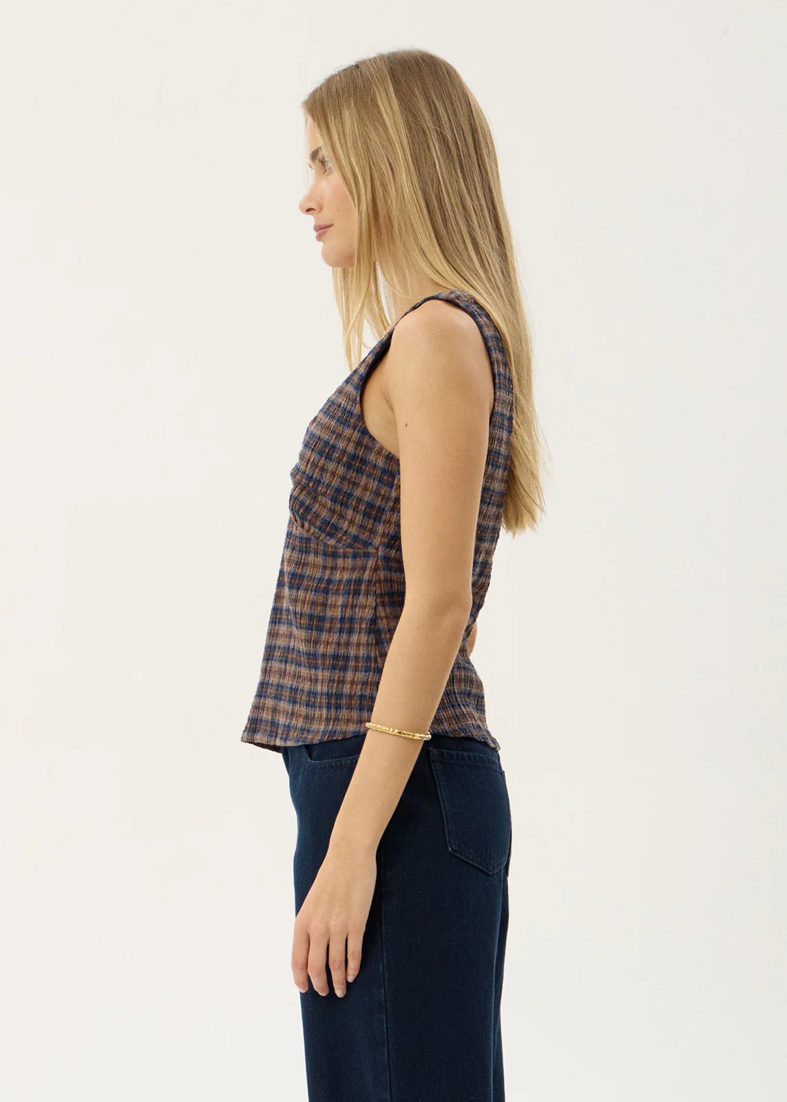 Giselle-Seersucker Top-Indigo Check - Margaret River Hemp Co