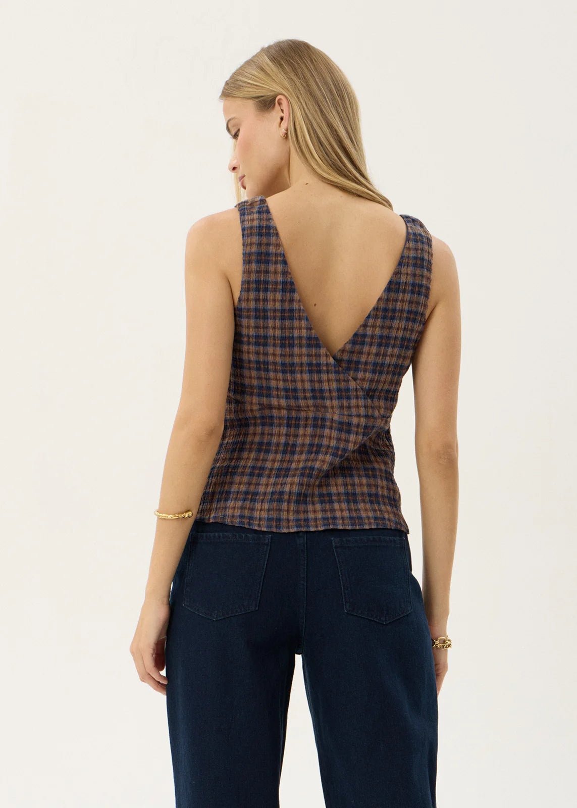 Giselle-Seersucker Top-Indigo Check - Margaret River Hemp Co