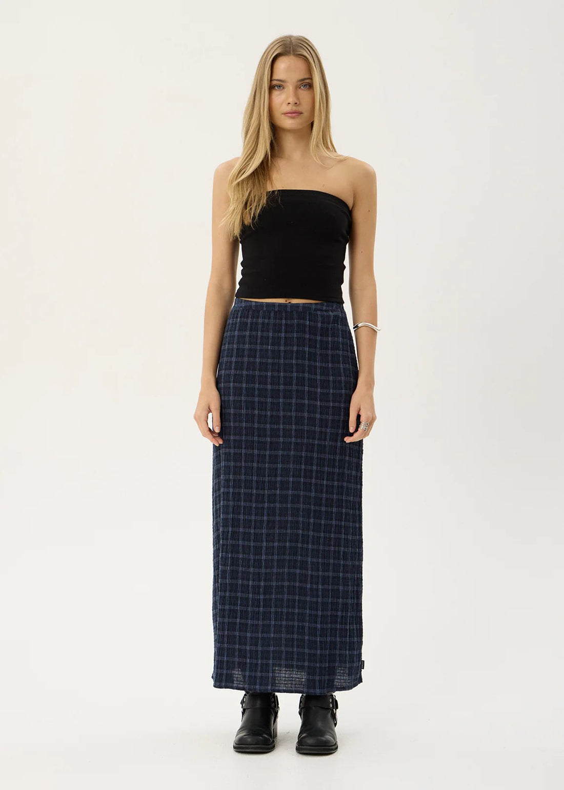 Lita-Seersucker Maxi Skirt-Midnight Check - Margaret River Hemp Co