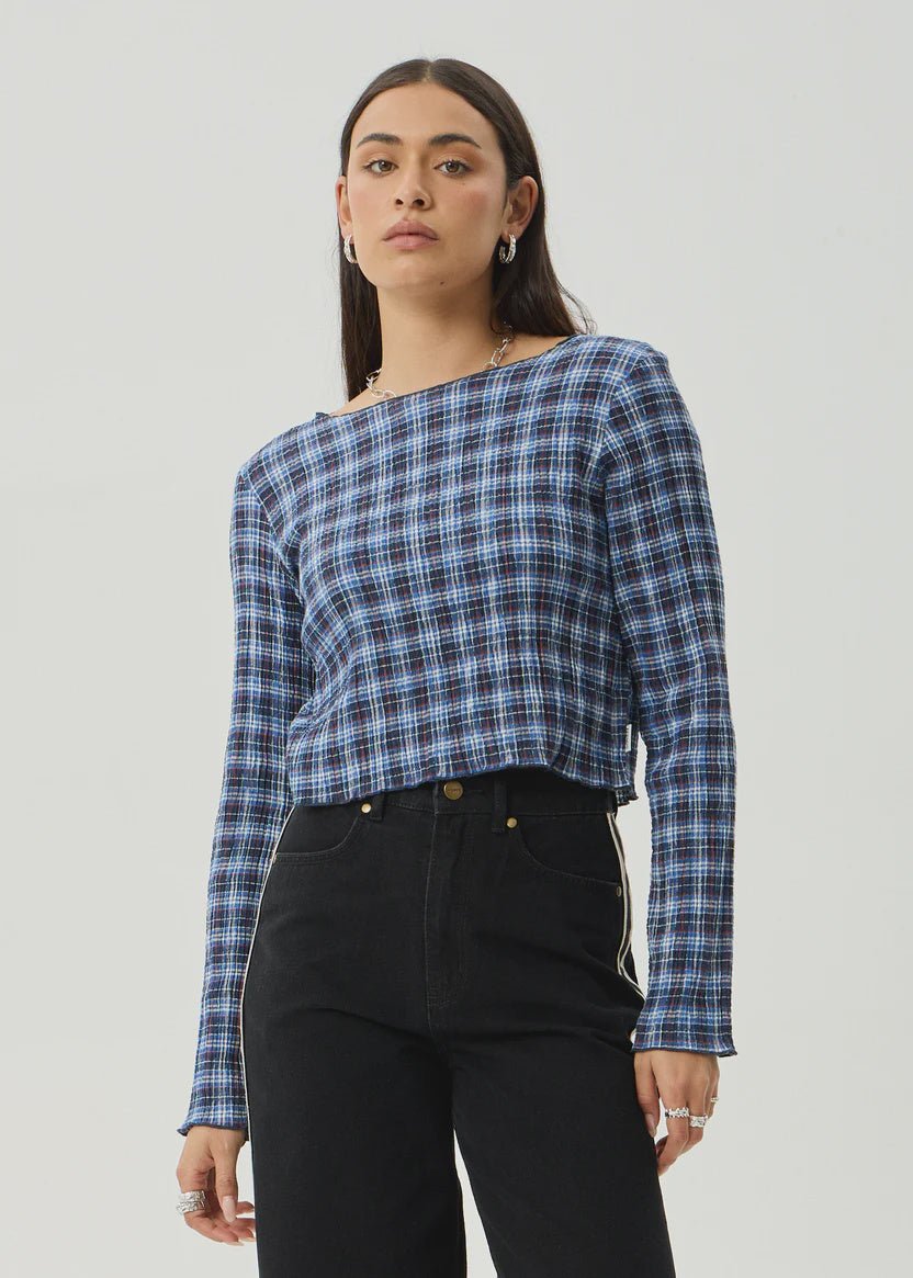 Seersucker Long Sleeve Top - Navy Check - Margaret River Hemp Co