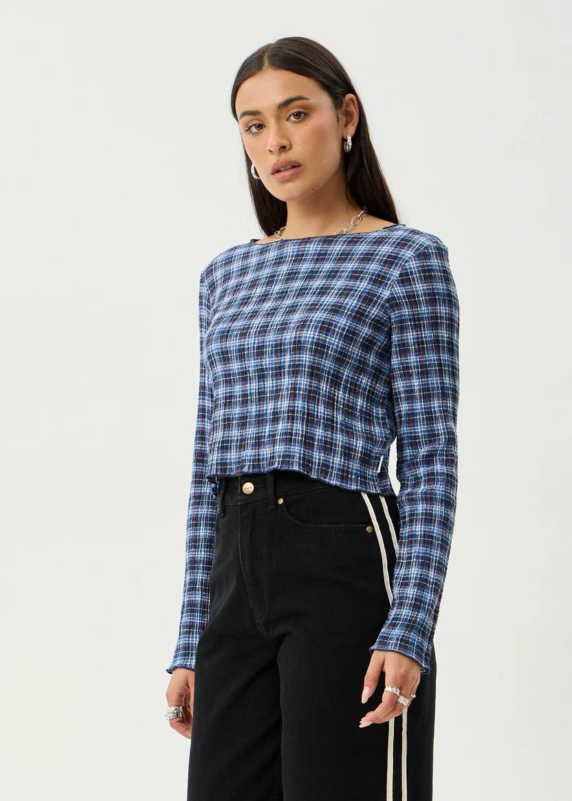 Seersucker Long Sleeve Top - Navy Check - Margaret River Hemp Co